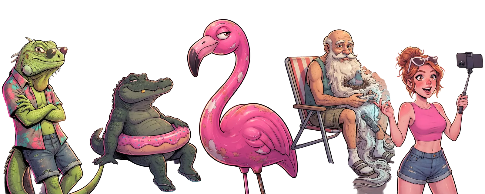 The five Loco Coast characters on a green screen: Iguanito, Don Chompo, Flamingita, Grandpa Preload and Val.