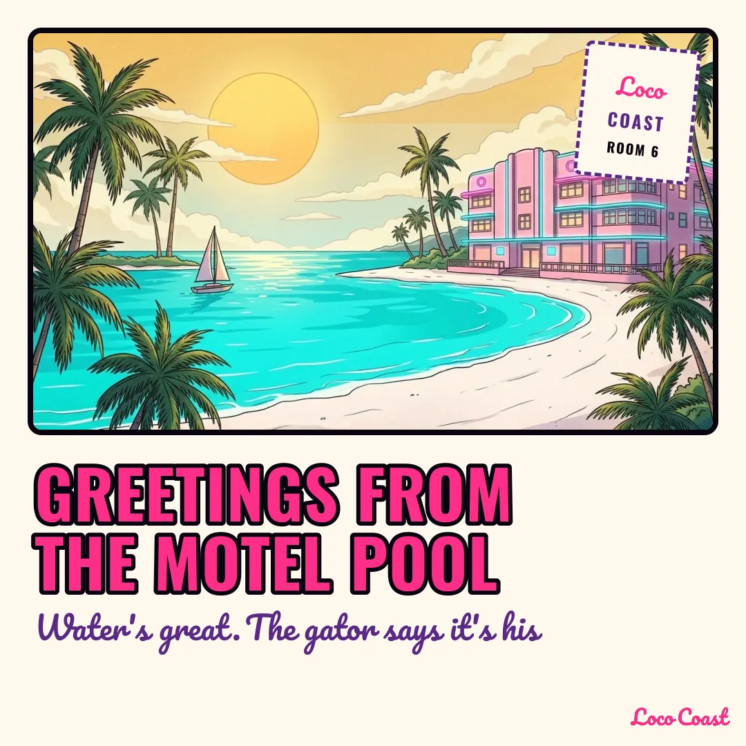Greetings from the motel pool: Greetings from the motel pool / Water's great. The gator says it's his