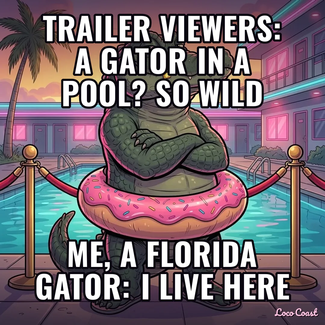 The trailer vs real Florida: Trailer viewers: a gator in a pool? So wild / Me, a Florida gator: I live here