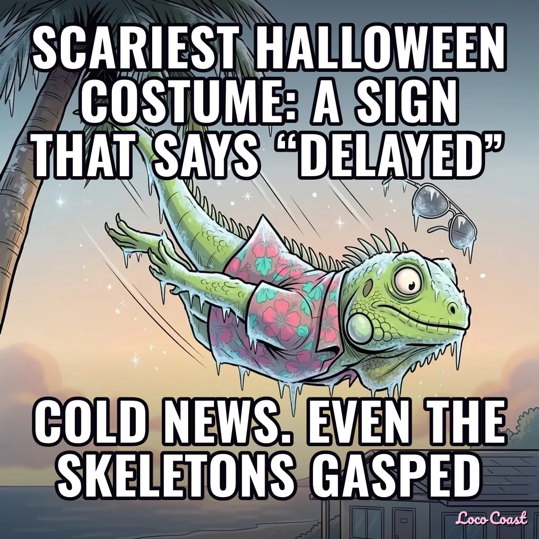 The scariest Halloween costume: “delayed”: Scariest Halloween costume: a sign that says “delayed” / Cold news. Even the skeletons gasped
