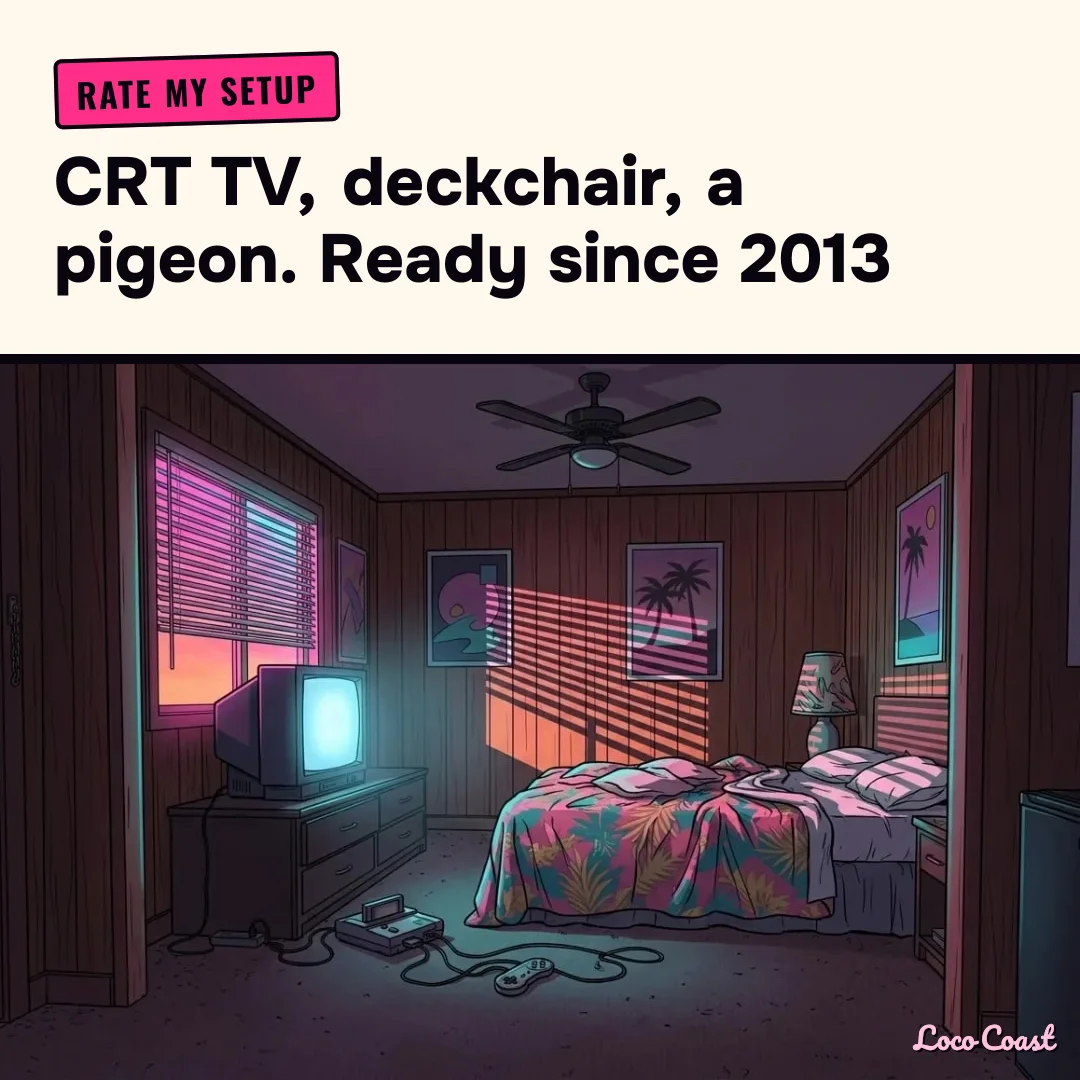 Rate my GTA 6 setup: Room 6 edition: Rate my setup / CRT TV, deckchair, a pigeon. Ready since 2013