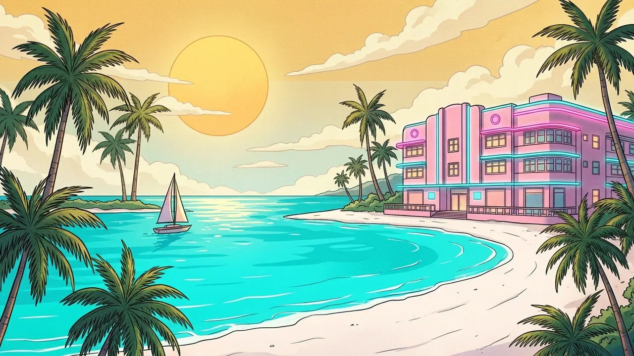 A sunny Florida bay in the style of a vintage travel postcard, with palm trees, a pink art deco hotel and a sailboat.