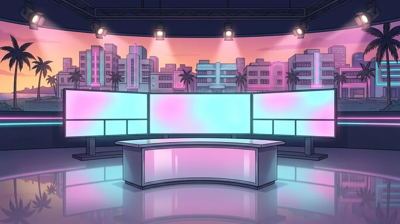 An empty local TV news studio with a curved anchor desk, blank glowing screens and a sunset city skyline backdrop.