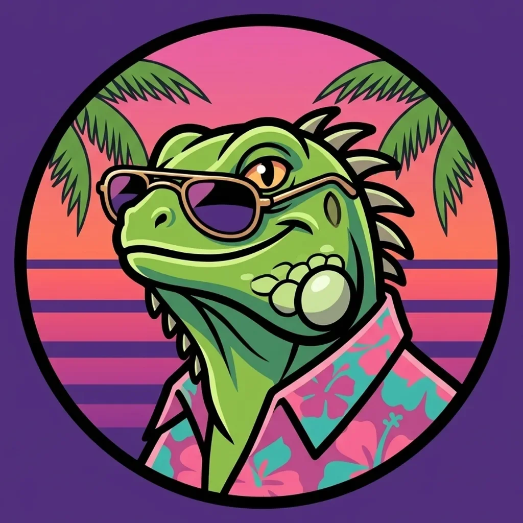 Loco Coast emblem: Iguanito's head with slipping sunglasses in front of a striped sunset disc.
