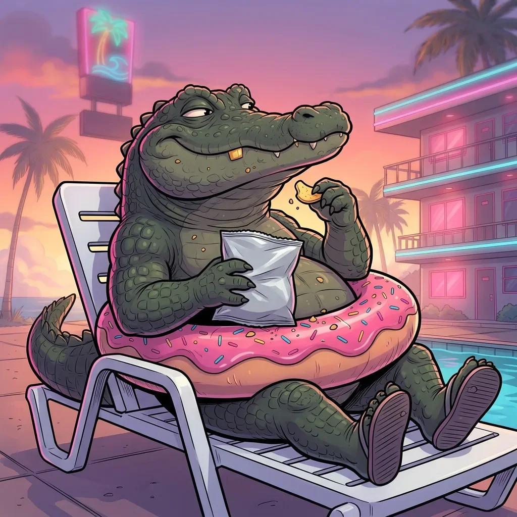 Don Chompo lounging by the pool with a bag of chips, smugly watching something off screen.