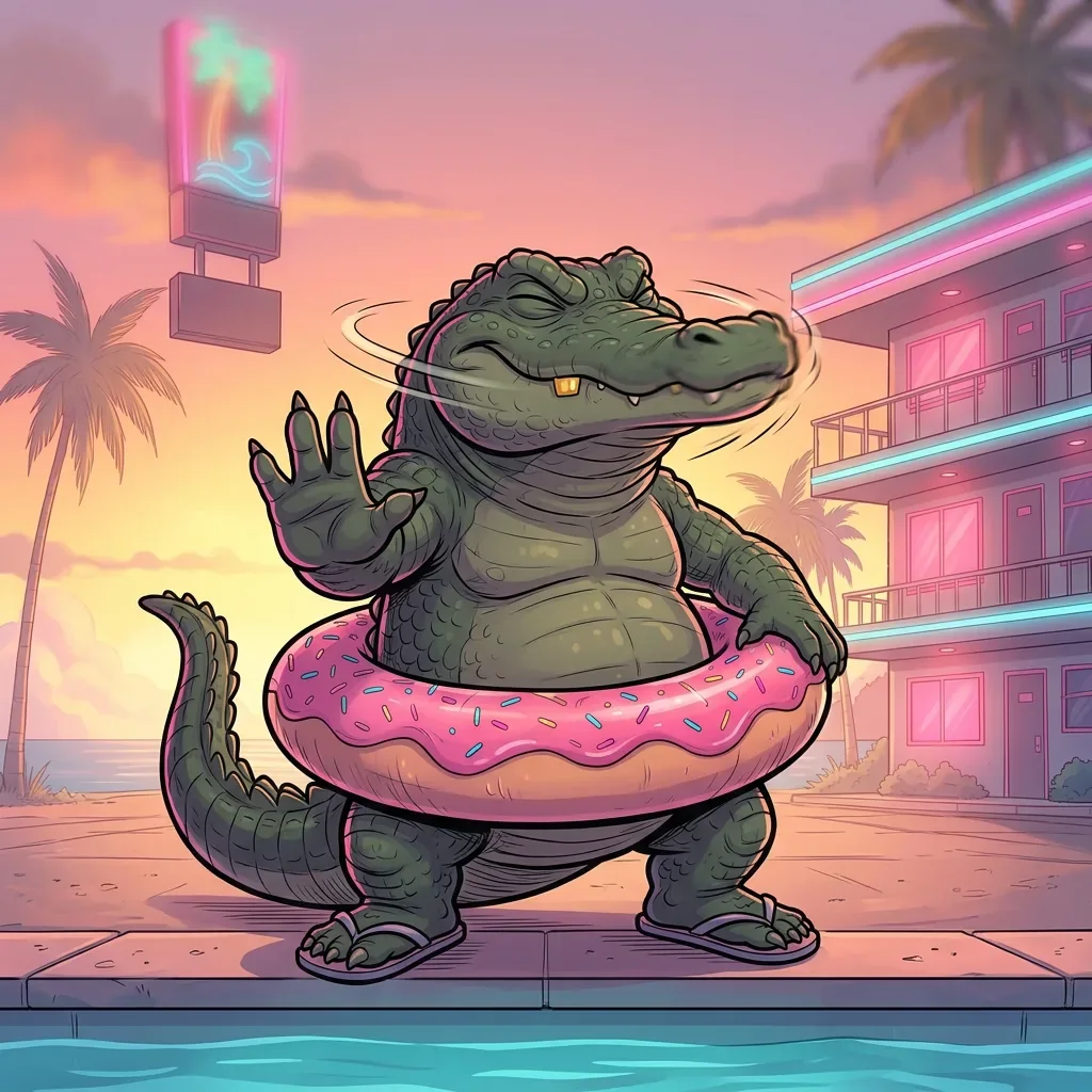 Don Chompo shaking his head at the motel pool, one paw raised in a firm nope.
