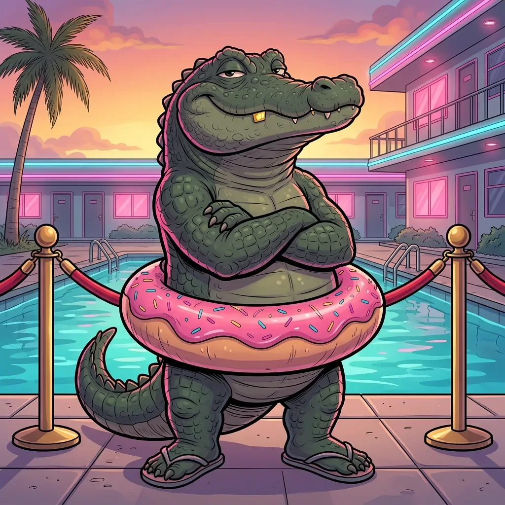 Don Chompo guarding the motel pool like a bouncer, arms crossed behind a red velvet rope.