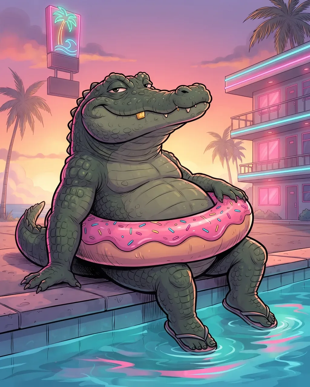 Don Chompo, a dark-green alligator with one gold tooth, lounging in a pink donut swim ring at the edge of the motel pool.