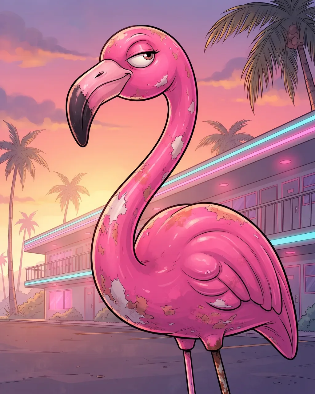 Flamingita, a peeling hot-pink plastic lawn flamingo on a rusty stake, giving a suspicious side-eye outside the motel.