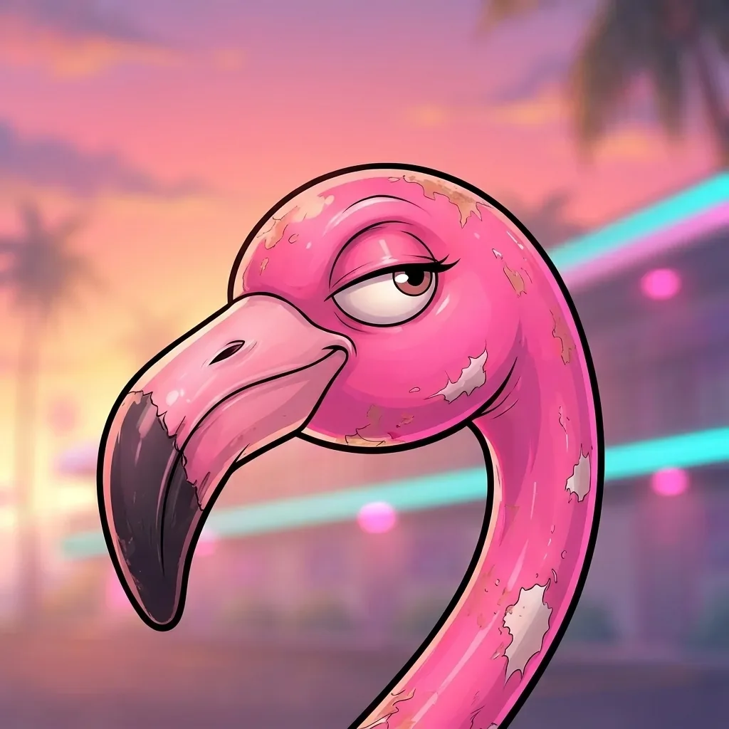 Extreme close-up of Flamingita giving a slow, judgmental side-eye.