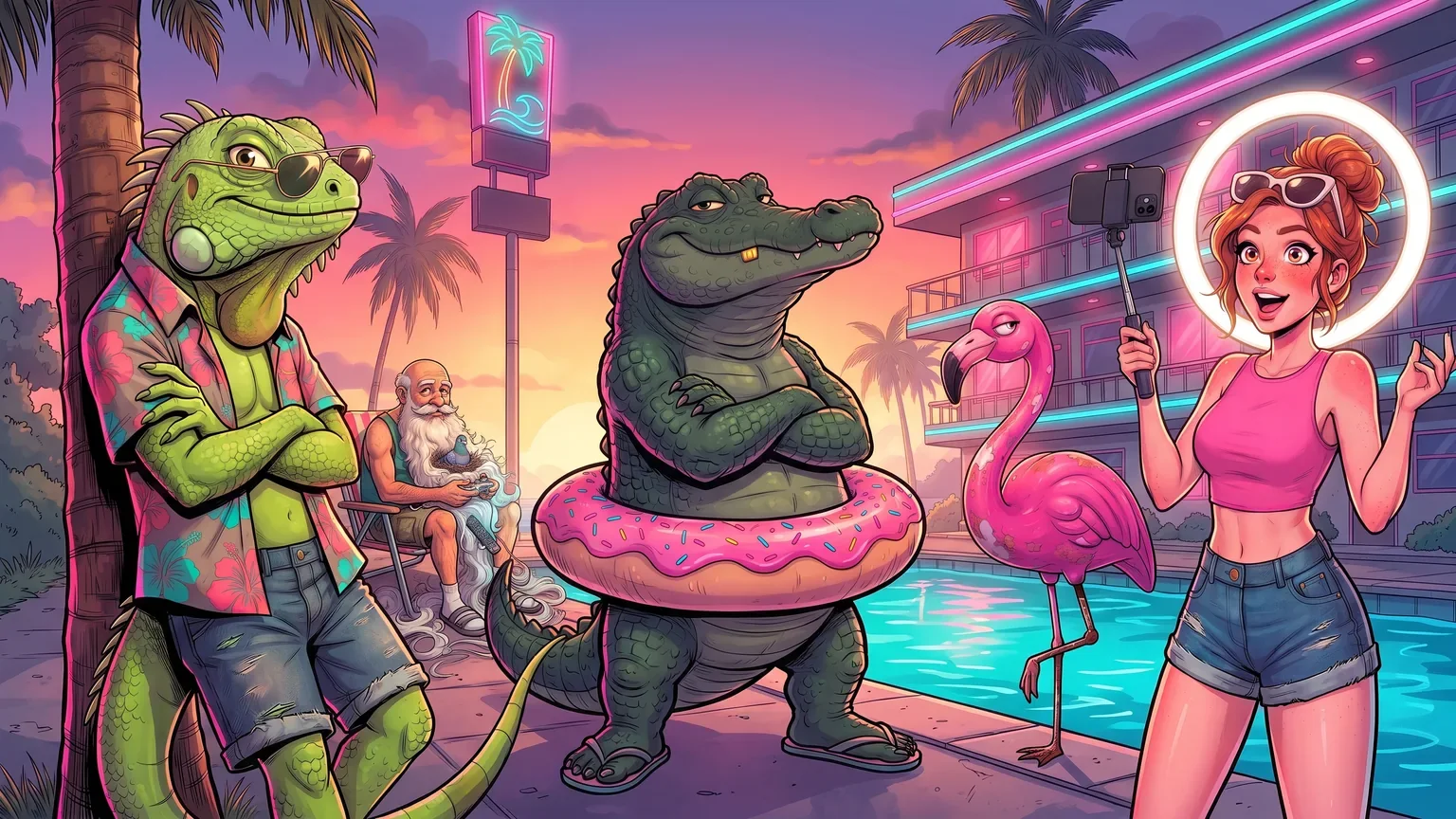 The Loco Coast crew at the motel pool at sunset: Iguanito, Don Chompo, Flamingita, Grandpa Preload and Val.