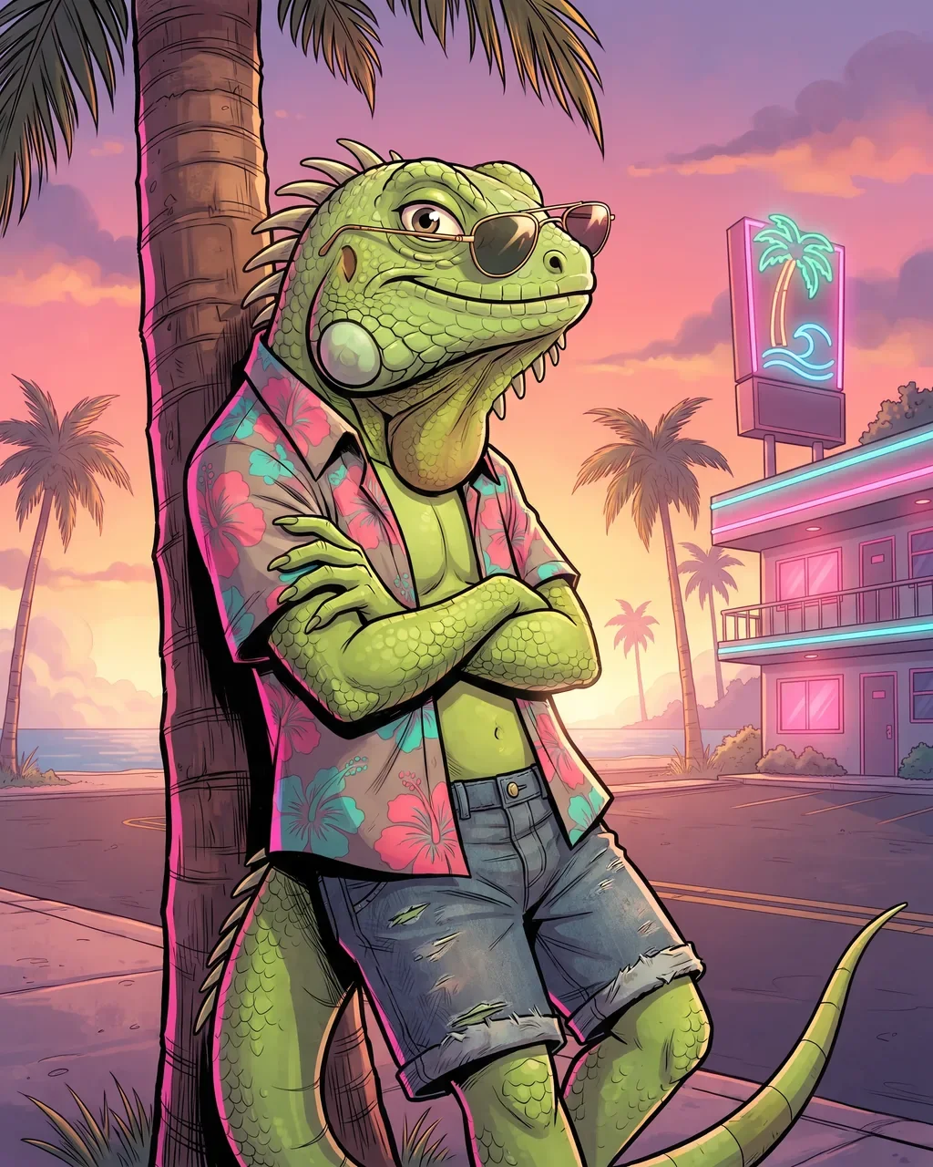 Iguanito, a lime-green iguana in slipping sunglasses and a pink and teal hawaiian shirt, leaning on a palm by a neon motel at sunset.
