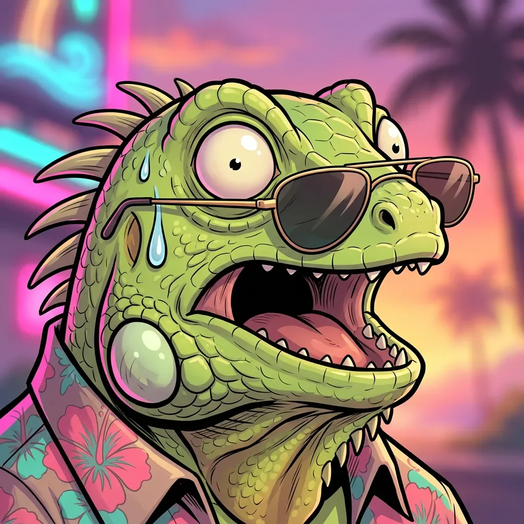 Close-up of a shocked Iguanito, eyes bulging and jaw dropped, his sunglasses sliding down his snout.