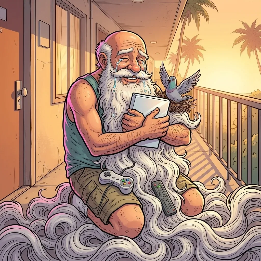Grandpa Preload crying tears of joy as he hugs a plain game box, the pigeon in his beard flapping happily.