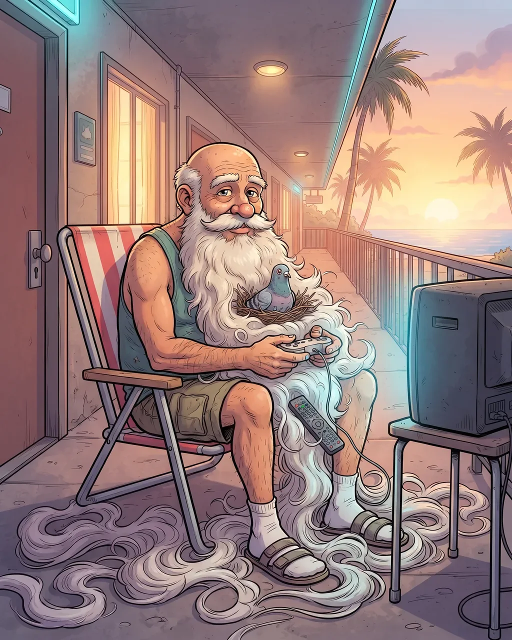 Grandpa Preload in a striped deckchair outside a motel room, holding a controller, a pigeon nest and a TV remote in his floor-length beard.
