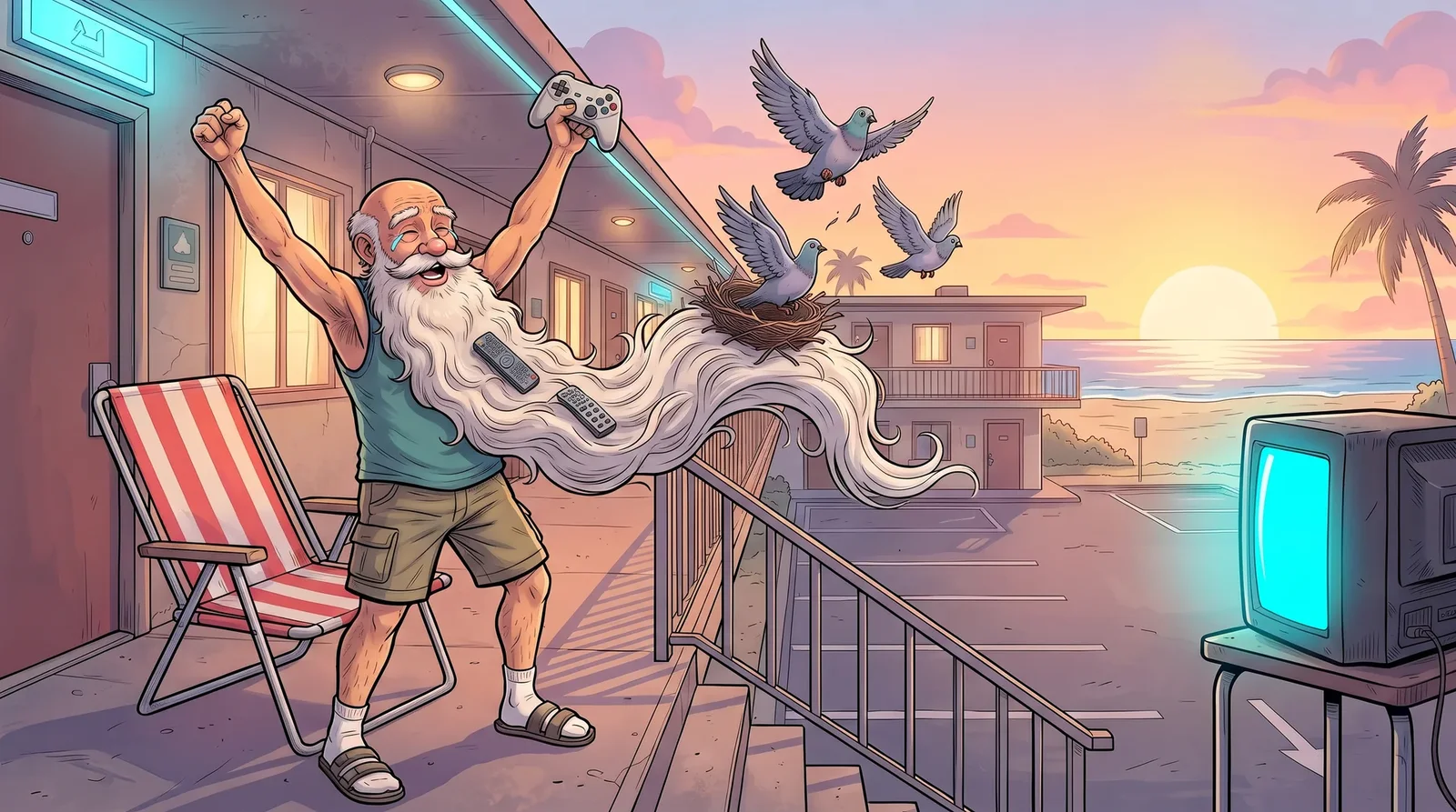 Release day at sunrise: Grandpa Preload finally gets up from his deckchair outside Room 6, controller raised like a trophy, his beard pouring down the stairs as the pigeons fly off.