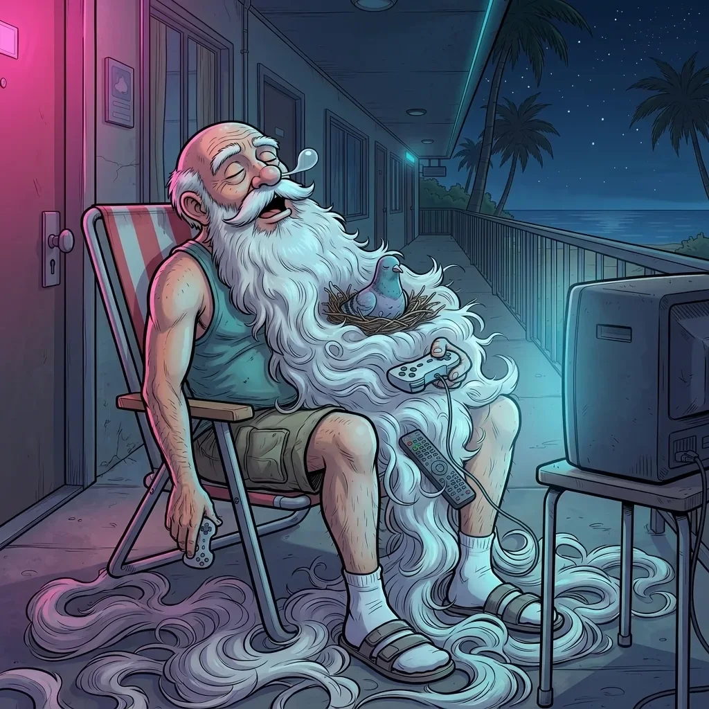 Grandpa Preload asleep in his deckchair at night, his beard covering the floor and the controller slipping from his hand in the glow of an old TV.