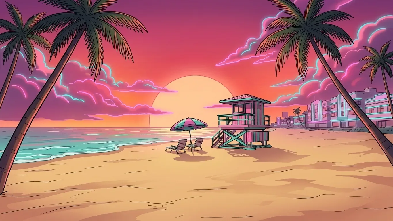 A Florida beach at sunset with palm trees, a pink and teal lifeguard tower and art deco hotels glowing along the shore.