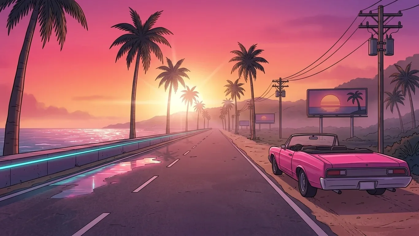 A coastal highway lined with palm trees at sunset, a pink convertible parked on the shoulder by the ocean.