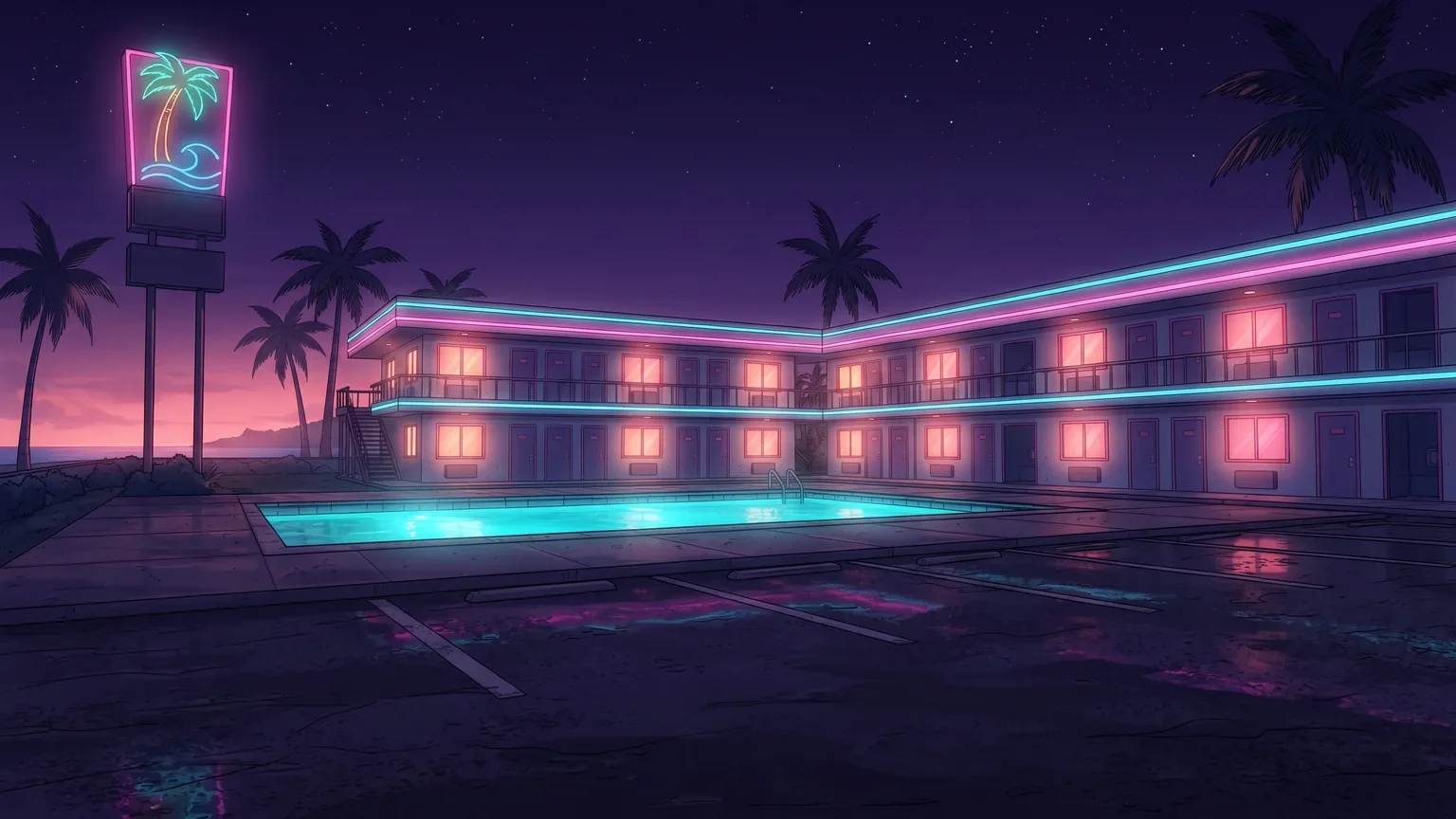 The Motel Paraíso at night: a two-storey roadside motel with pink and cyan neon trim, a glowing pool and palm trees under a starry purple sky.