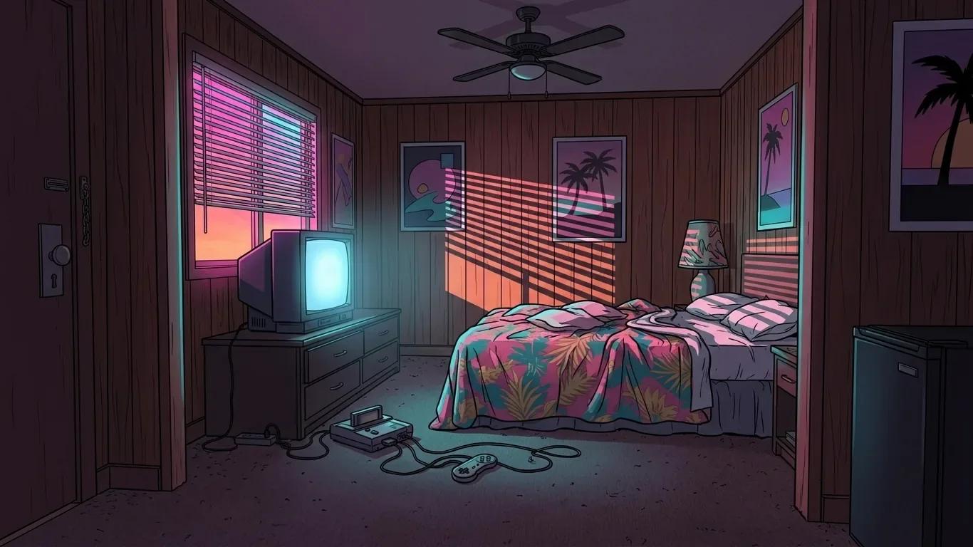 Inside a retro motel room at night: an old CRT TV glowing, a game console on the carpet and neon light through the blinds.