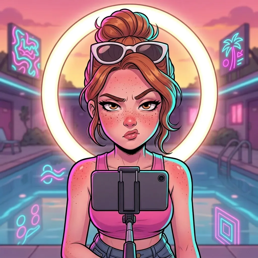 Val looking into her phone camera with a skeptical raised eyebrow, the motel pool behind her.