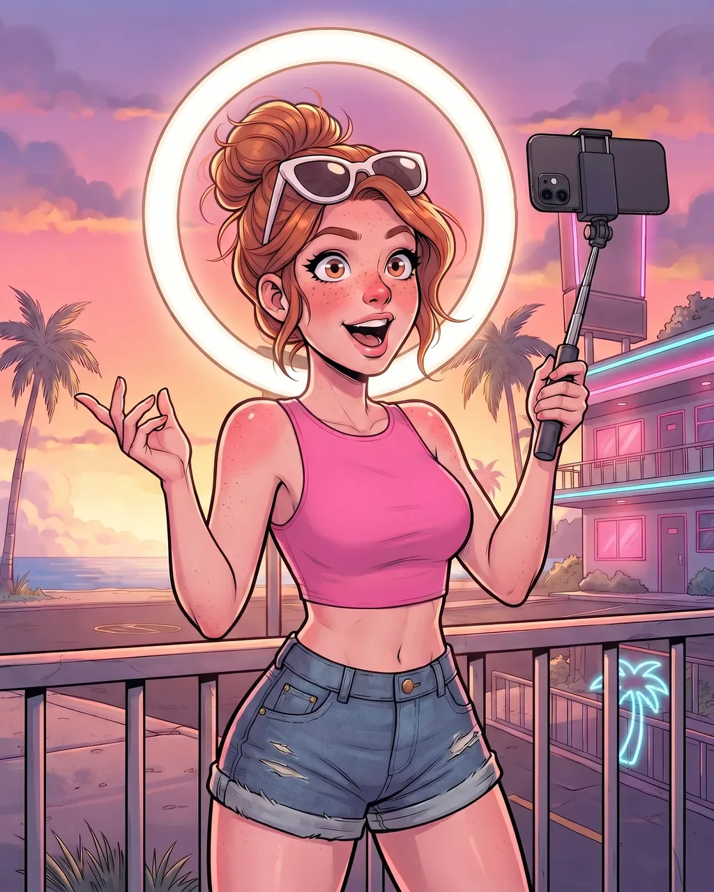 Val, a sunburned red-haired streamer with a ring light halo, filming herself on a selfie stick on the motel balcony at sunset.